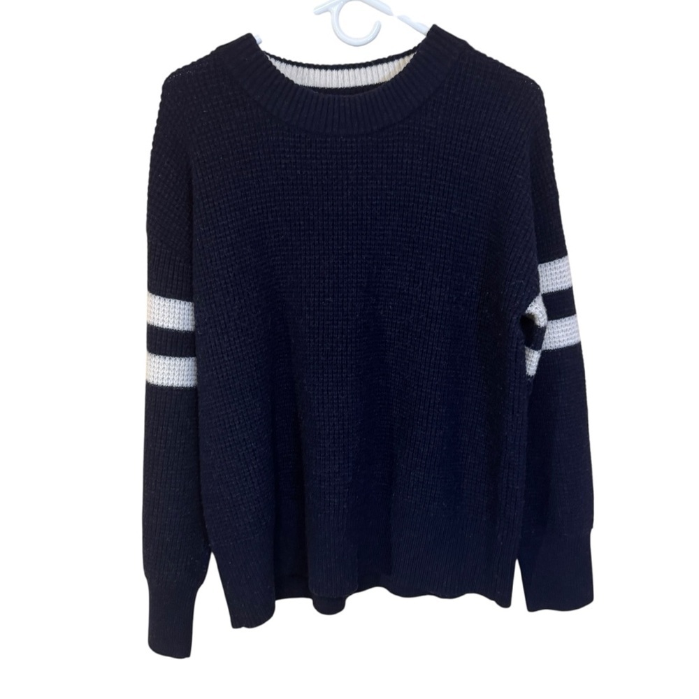Faherty Women Navy Blue Stripe Sleeve Knit Sweater XL